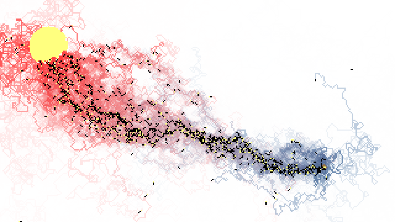 Ant colony simulation showing pheromone gradient descent