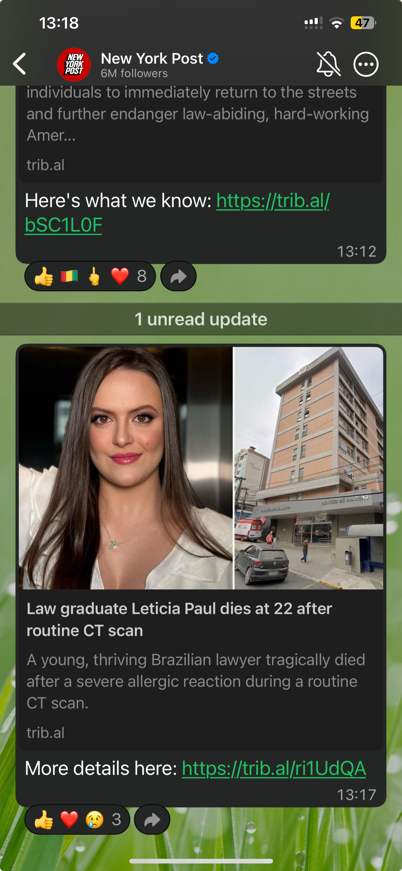 News screenshot referencing a fatal reaction during a routine CT scan